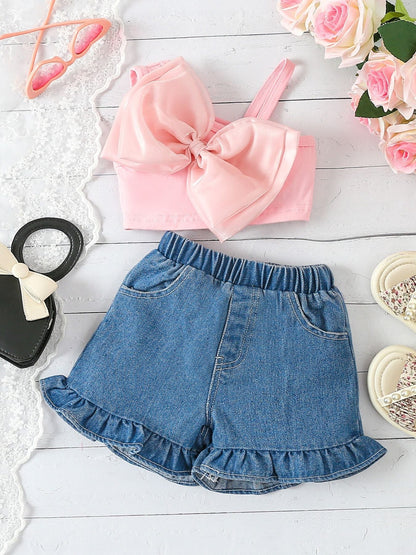 Children's Bowknot Decor Top & Ruffle Hem Denim Shorts Set