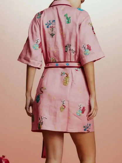 Printed Tie Waist Shirt Dress