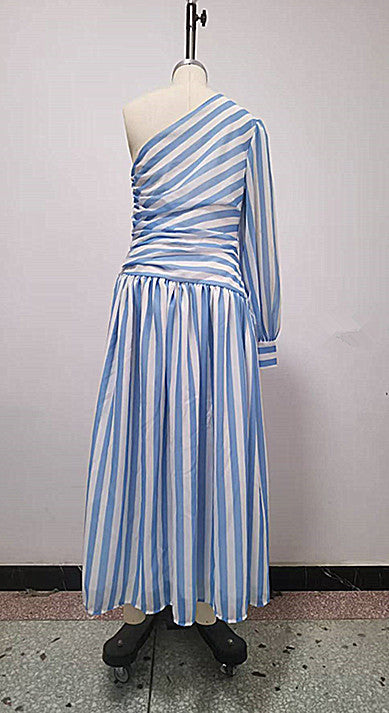 Striped one shoulder slit long dress