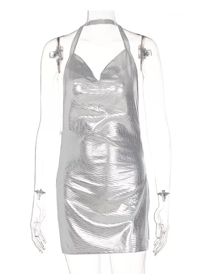 Metallic halter slit mini dress, view 14