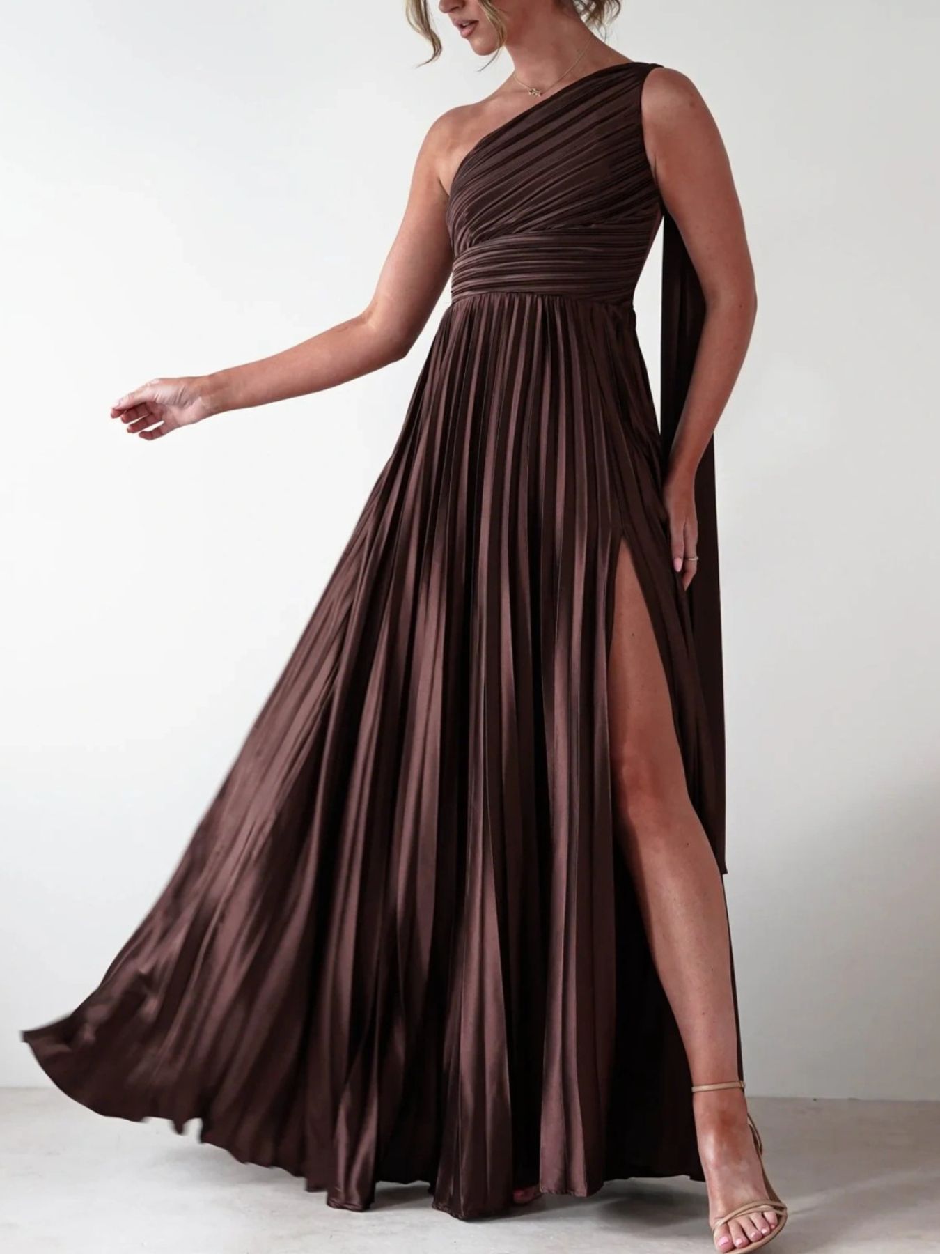 One-Shoulder Pleated Slit Dress