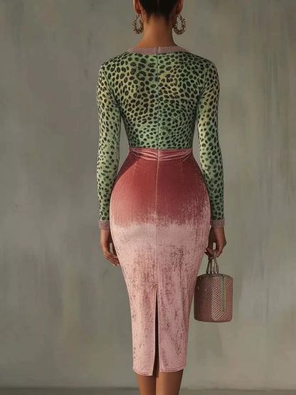 Velvet Leopard Long-Sleeve Midi Dress