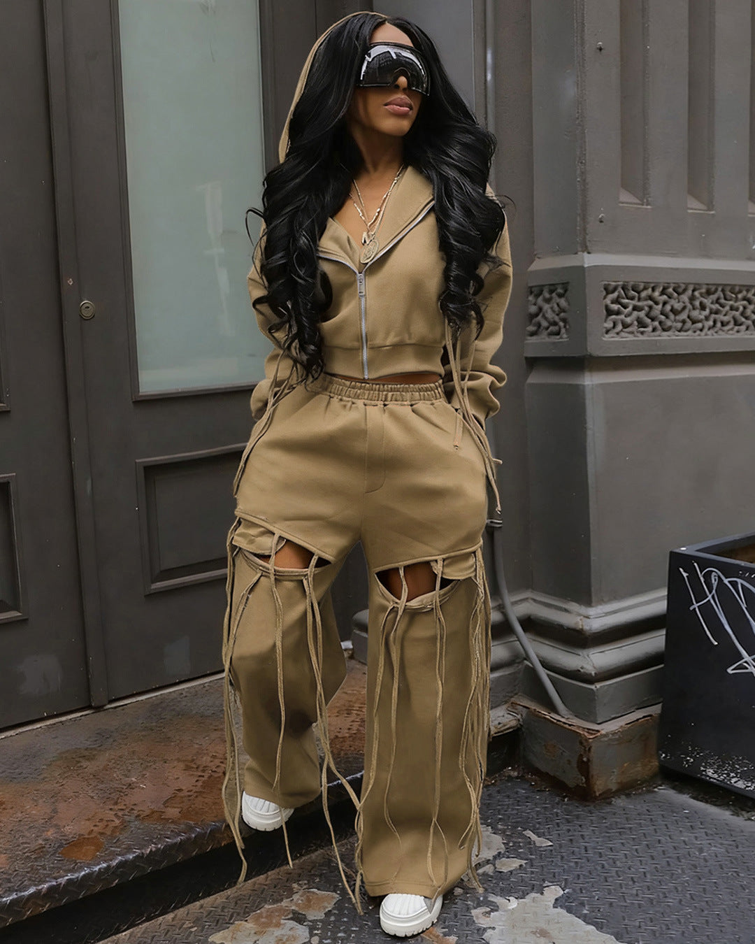 Hooded Zipper Sweatshirt Two-Piece Set