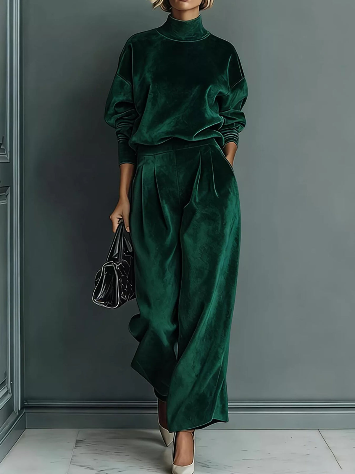 Velvet mock neck pants set, view 4