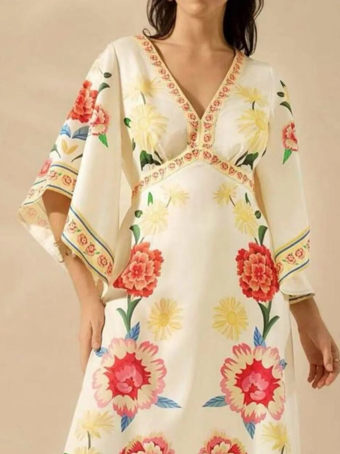 Palm Print V-Neck Midi Dress