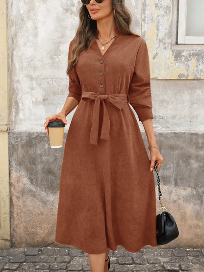 Button Front Belted Midi Dress