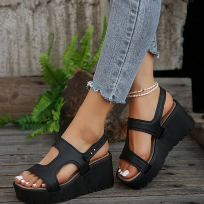 Mid heel wedge sandals in black
