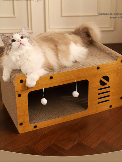 Wooden Cat House with Scratching Pad