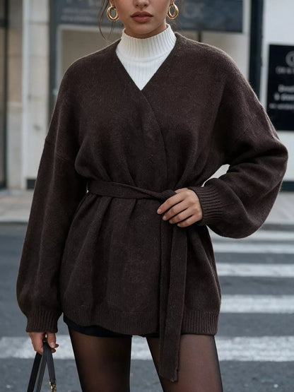 Stretchy tie-waist wrap cardigan in chocolate