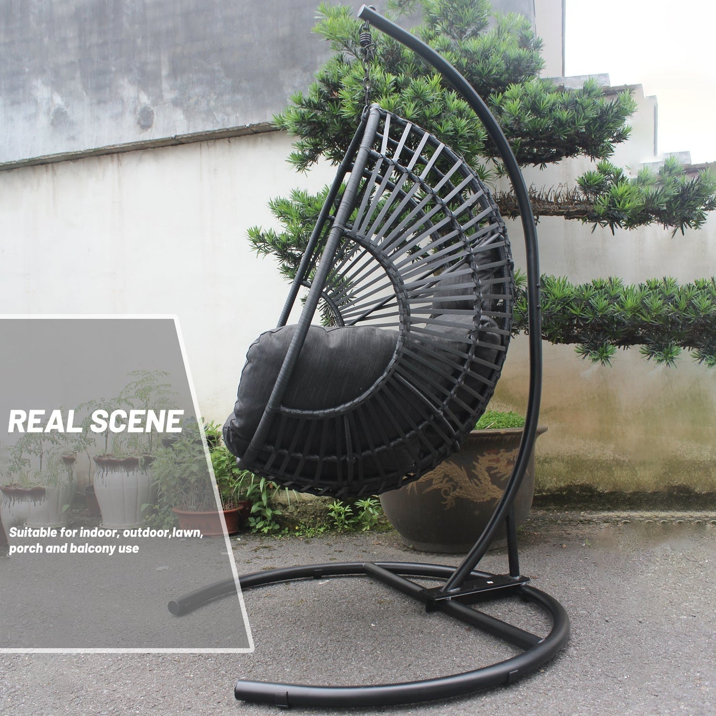 High Quality Outdoor Indoor Black color PE Wicker Swing Egg chair with Antracite Color Cushion And Black Color Base - MONLANE