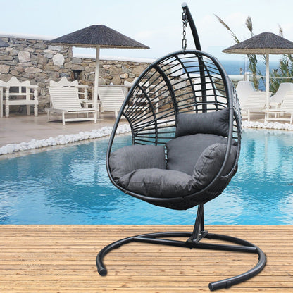 High Quality Outdoor Indoor Black color PE Wicker Swing Egg chair with Antracite Color Cushion And Black Color Base - MONLANE