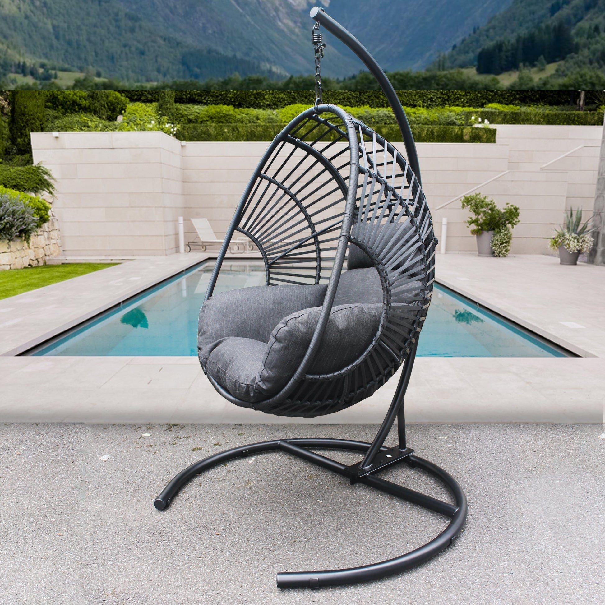 High Quality Outdoor Indoor Black color PE Wicker Swing Egg chair with Antracite Color Cushion And Black Color Base - MONLANE