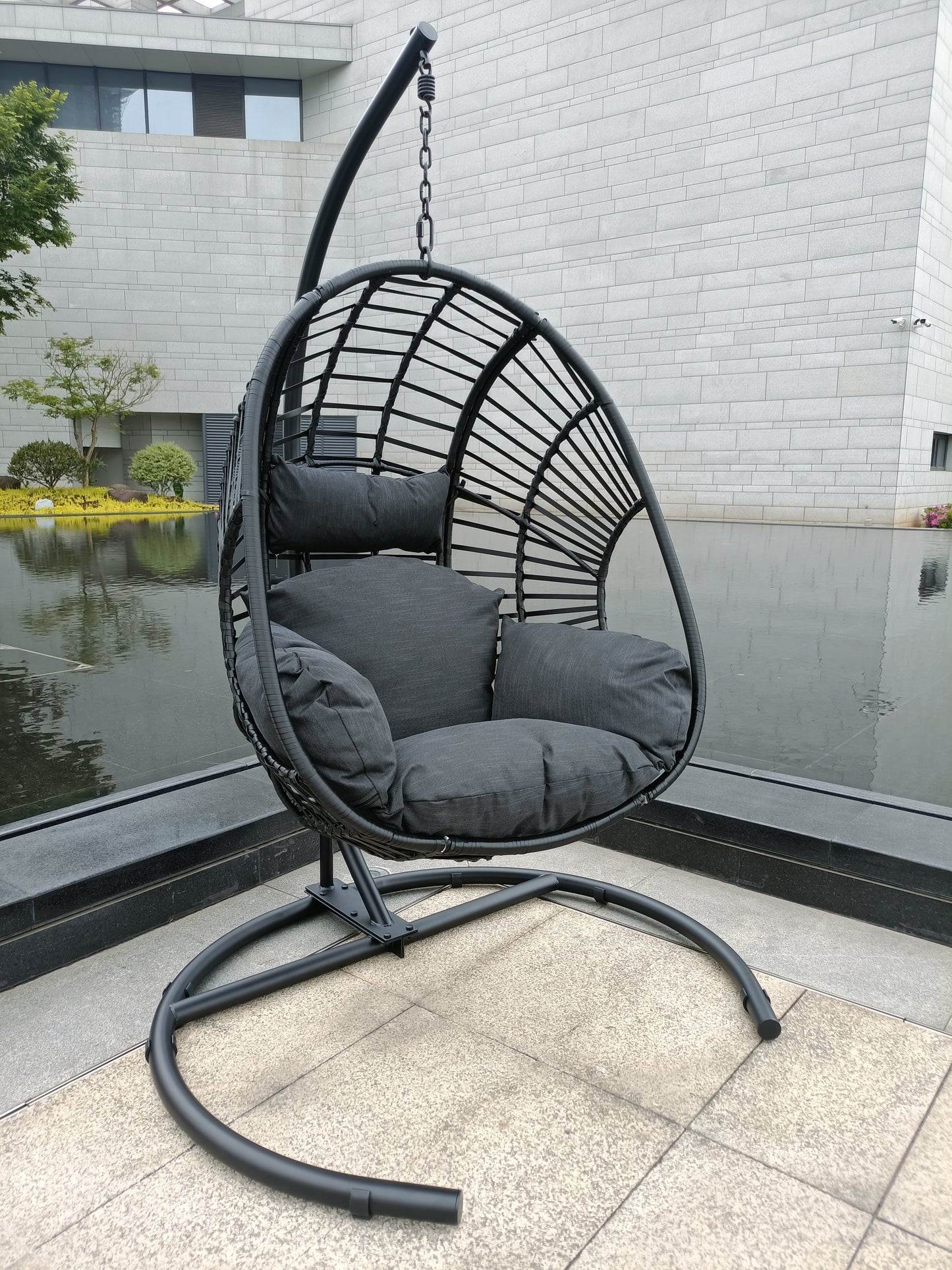 High Quality Outdoor Indoor Black color PE Wicker Swing Egg chair with Antracite Color Cushion And Black Color Base - MONLANE