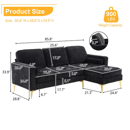 218*141*87cm 3-Seater With Footstool Chenille Rhombus Electroplated Golden Tripod Legs Indoor Modular Sofa Black - MONLANE