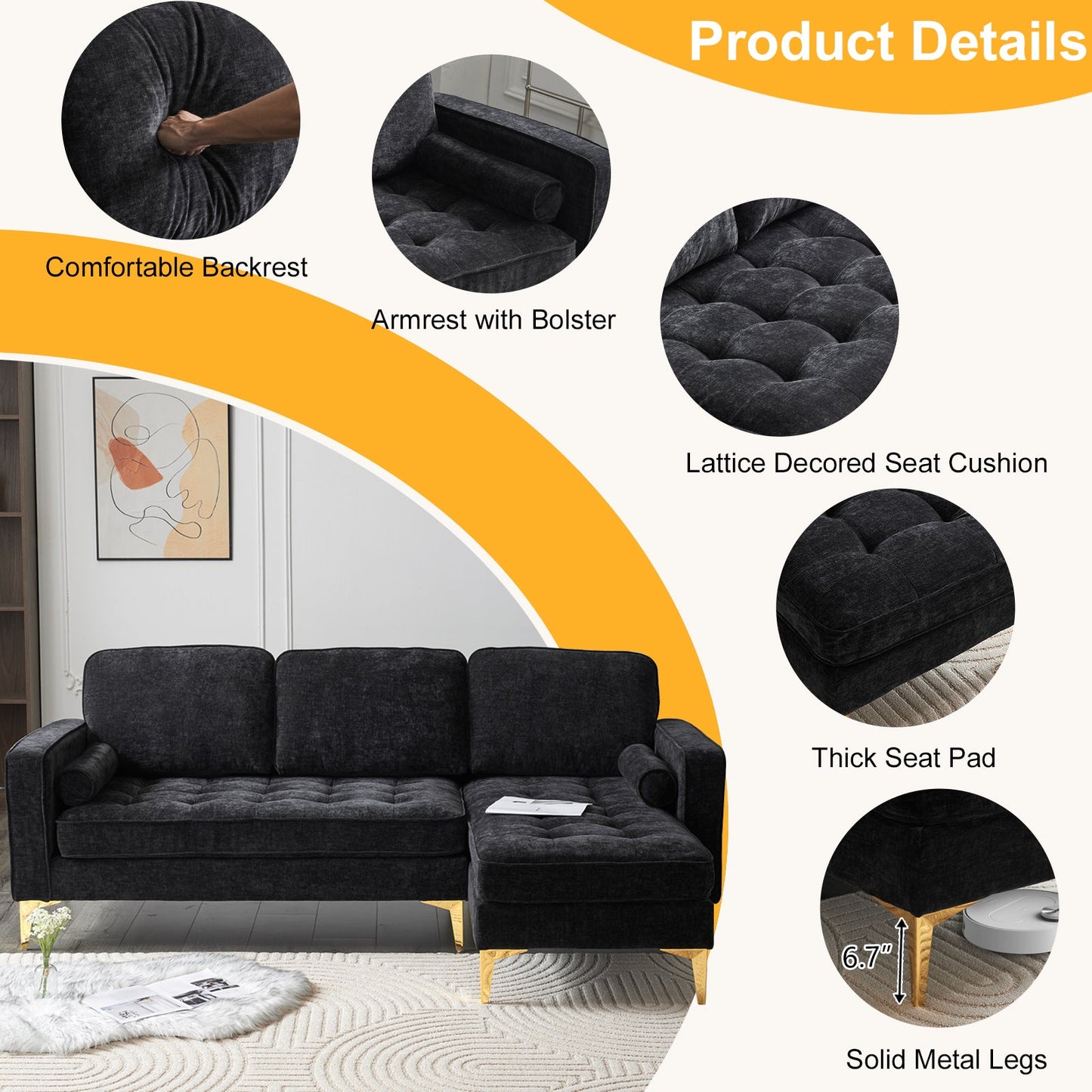 218*141*87cm 3-Seater With Footstool Chenille Rhombus Electroplated Golden Tripod Legs Indoor Modular Sofa Black