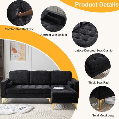218*141*87cm 3-Seater With Footstool Chenille Rhombus Electroplated Golden Tripod Legs Indoor Modular Sofa Black