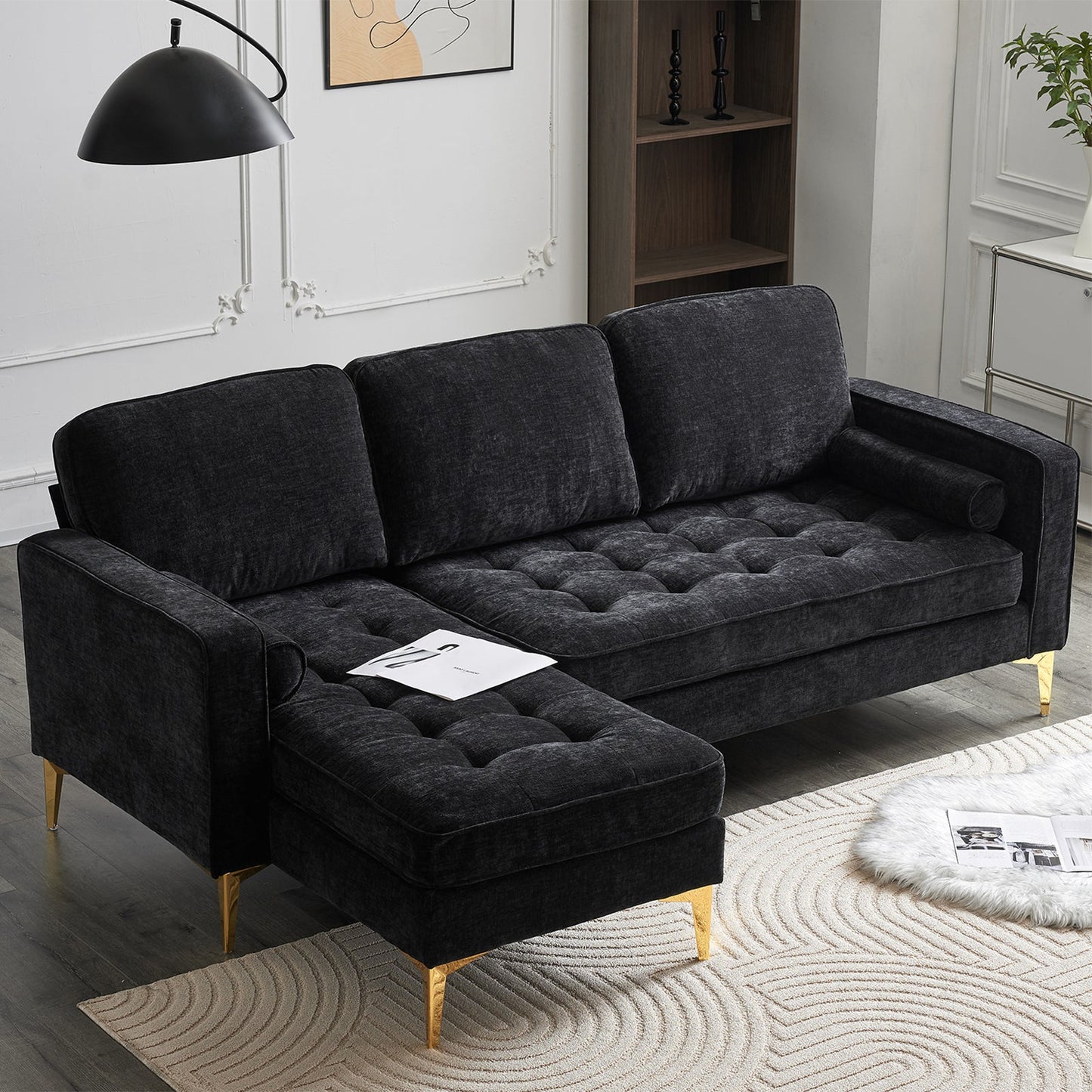218*141*87cm 3-Seater With Footstool Chenille Rhombus Electroplated Golden Tripod Legs Indoor Modular Sofa Black