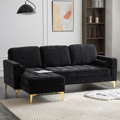 218*141*87cm 3-Seater With Footstool Chenille Rhombus Electroplated Golden Tripod Legs Indoor Modular Sofa Black