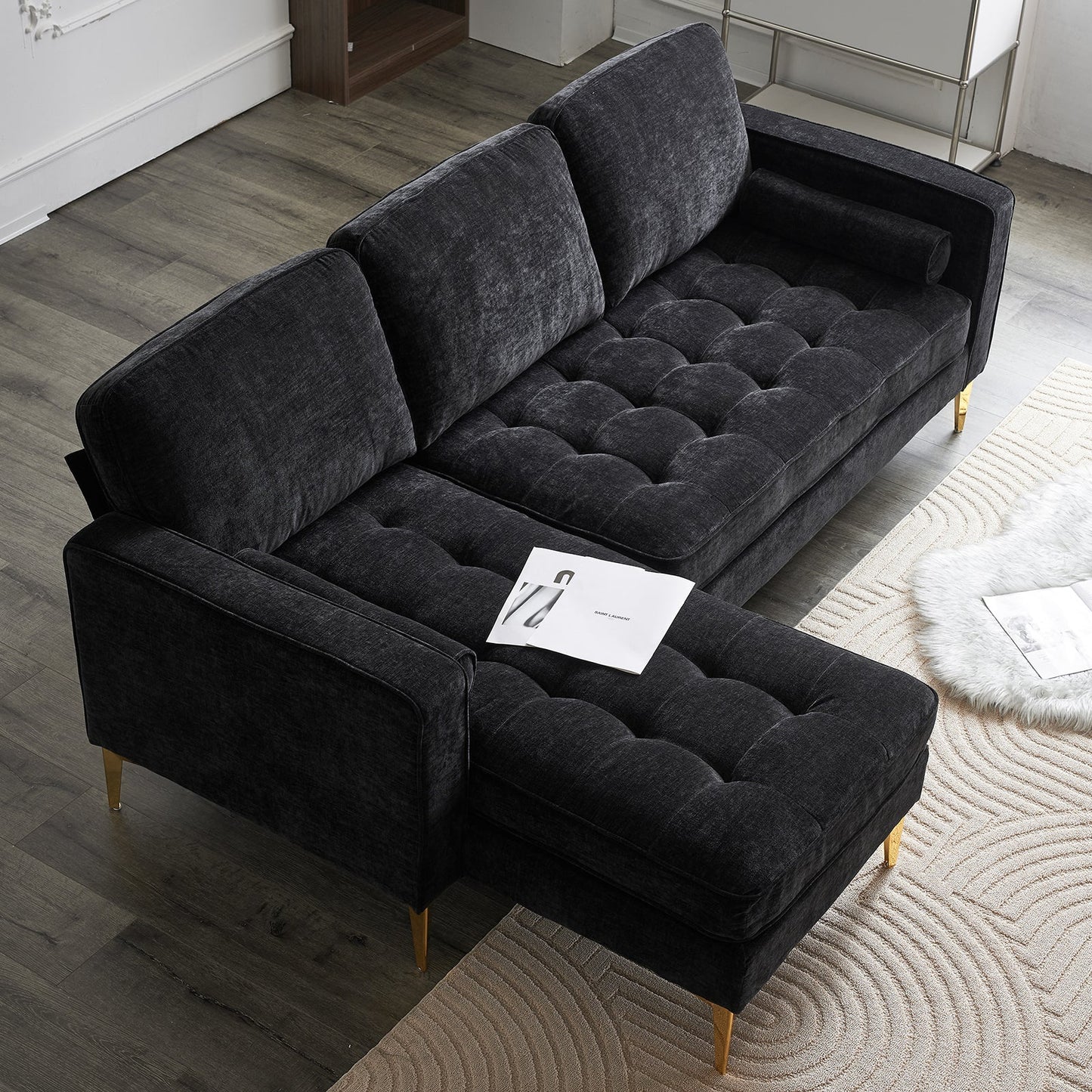 218*141*87cm 3-Seater With Footstool Chenille Rhombus Electroplated Golden Tripod Legs Indoor Modular Sofa Black