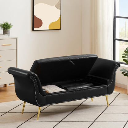 Black, PU Leather, Metal Feet Upholstered Ottoman Bedroom Lounge Ottoman Flip Top Storage Sofa Bench - MONLANE