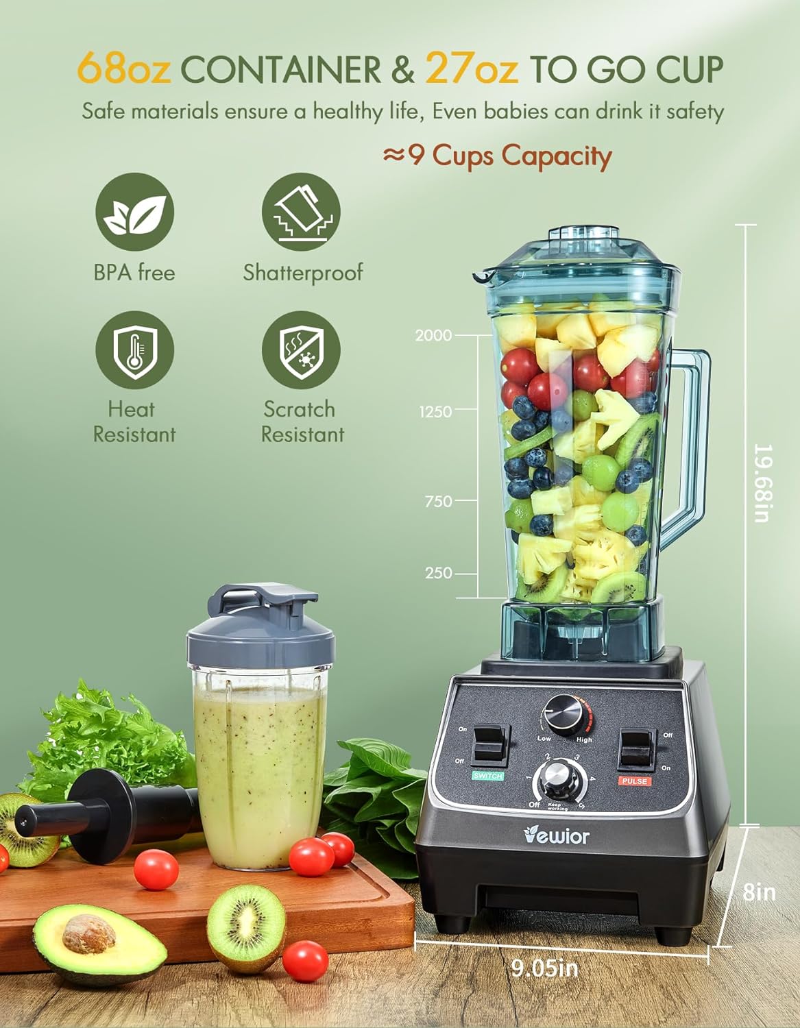 VEWIOR 2200W Countertop Blenders for Kitchen