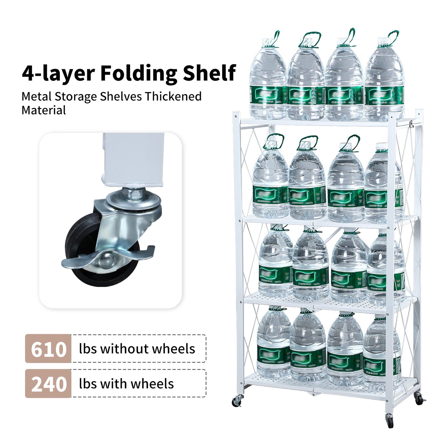 5 Tier White Heavy Duty Foldable Metal Organizer Shelves with Wheels