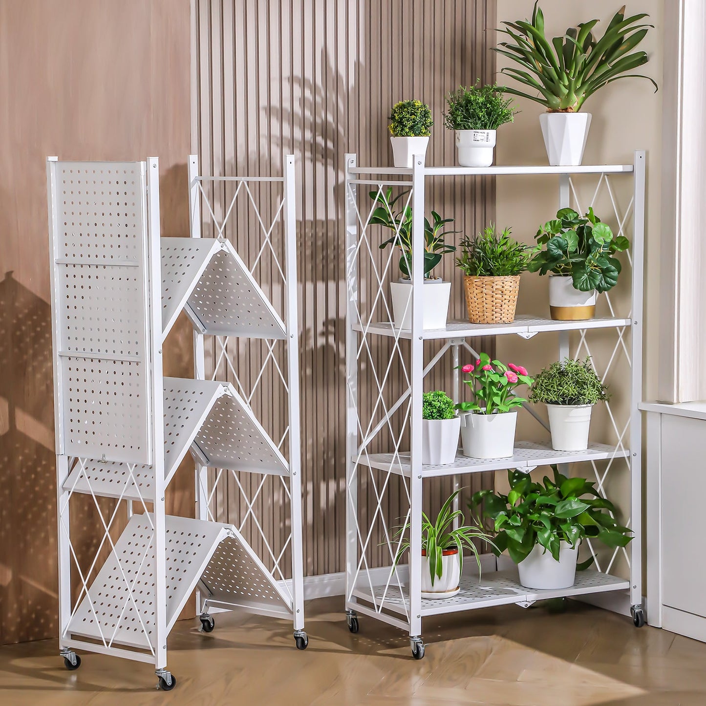 5 Tier White Heavy Duty Foldable Metal Organizer Shelves with Wheels - MONLANE