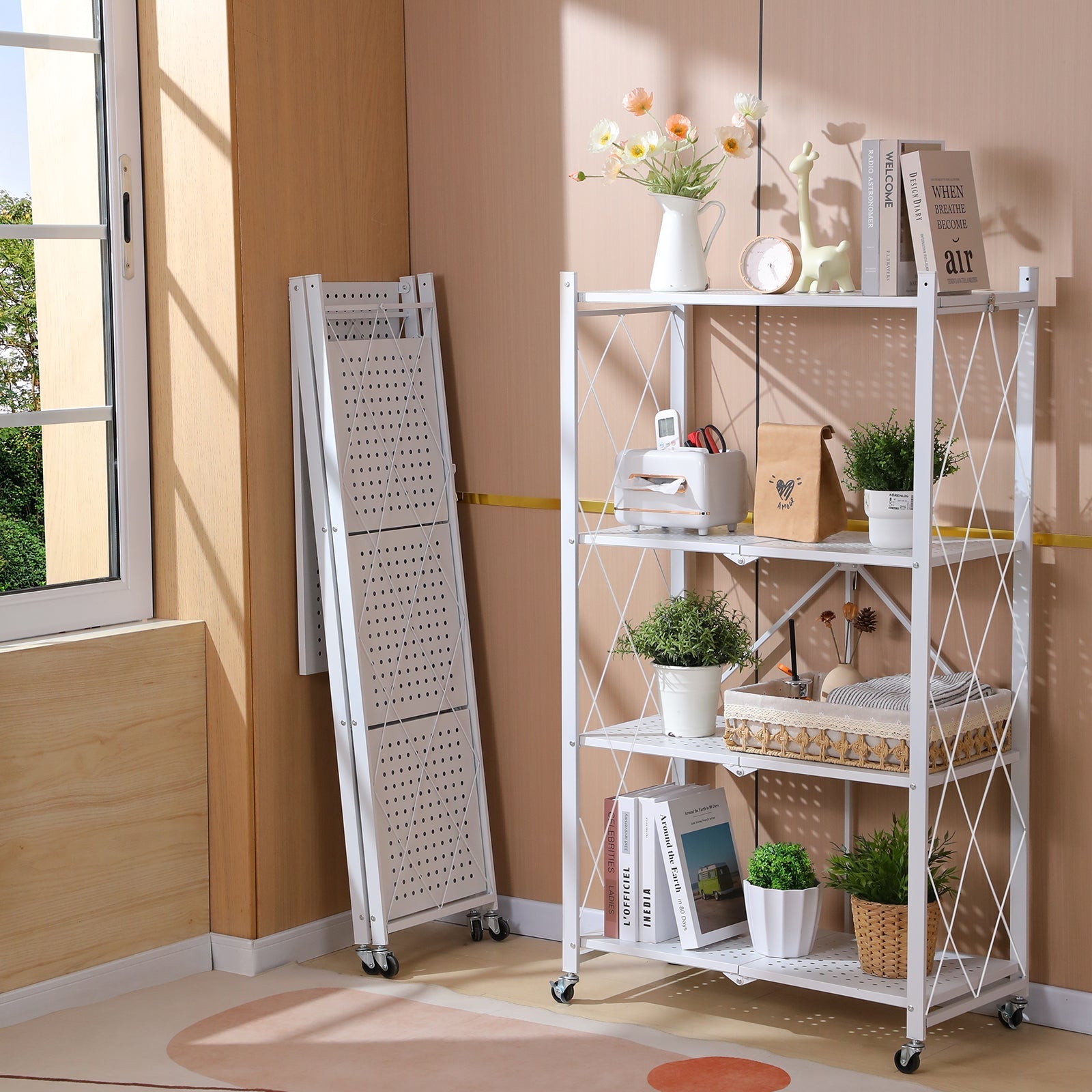 5 Tier White Heavy Duty Foldable Metal Organizer Shelves with Wheels - MONLANE