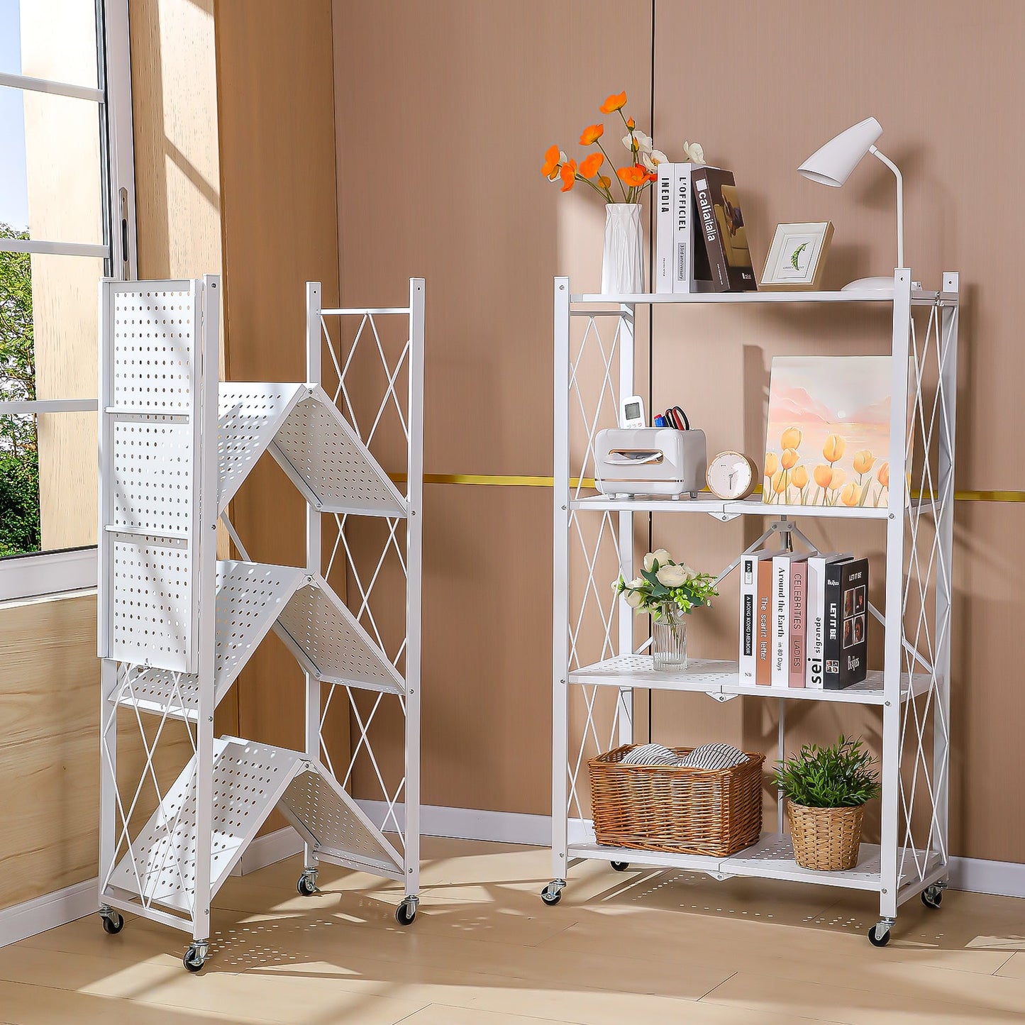 5 Tier White Heavy Duty Foldable Metal Organizer Shelves with Wheels - MONLANE