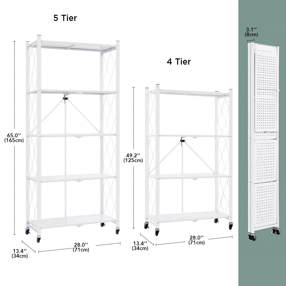 5 Tier White Heavy Duty Foldable Metal Organizer Shelves with Wheels - MONLANE