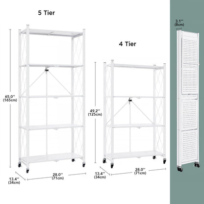 5 Tier White Heavy Duty Foldable Metal Organizer Shelves with Wheels - MONLANE