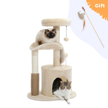 Beige cat tower with condo, self-groomer and toys