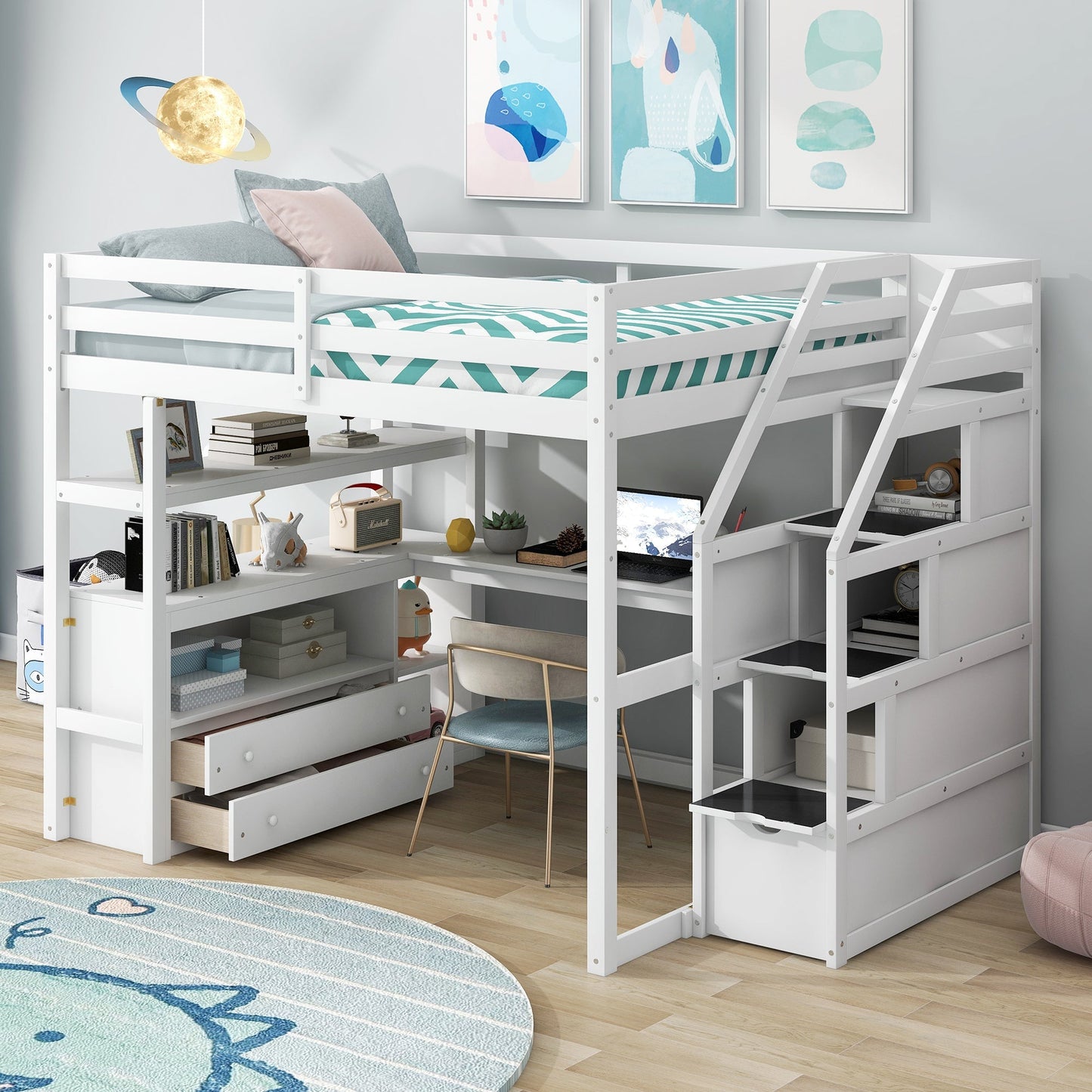 Full Size Loft Bed with Desk and Shelves