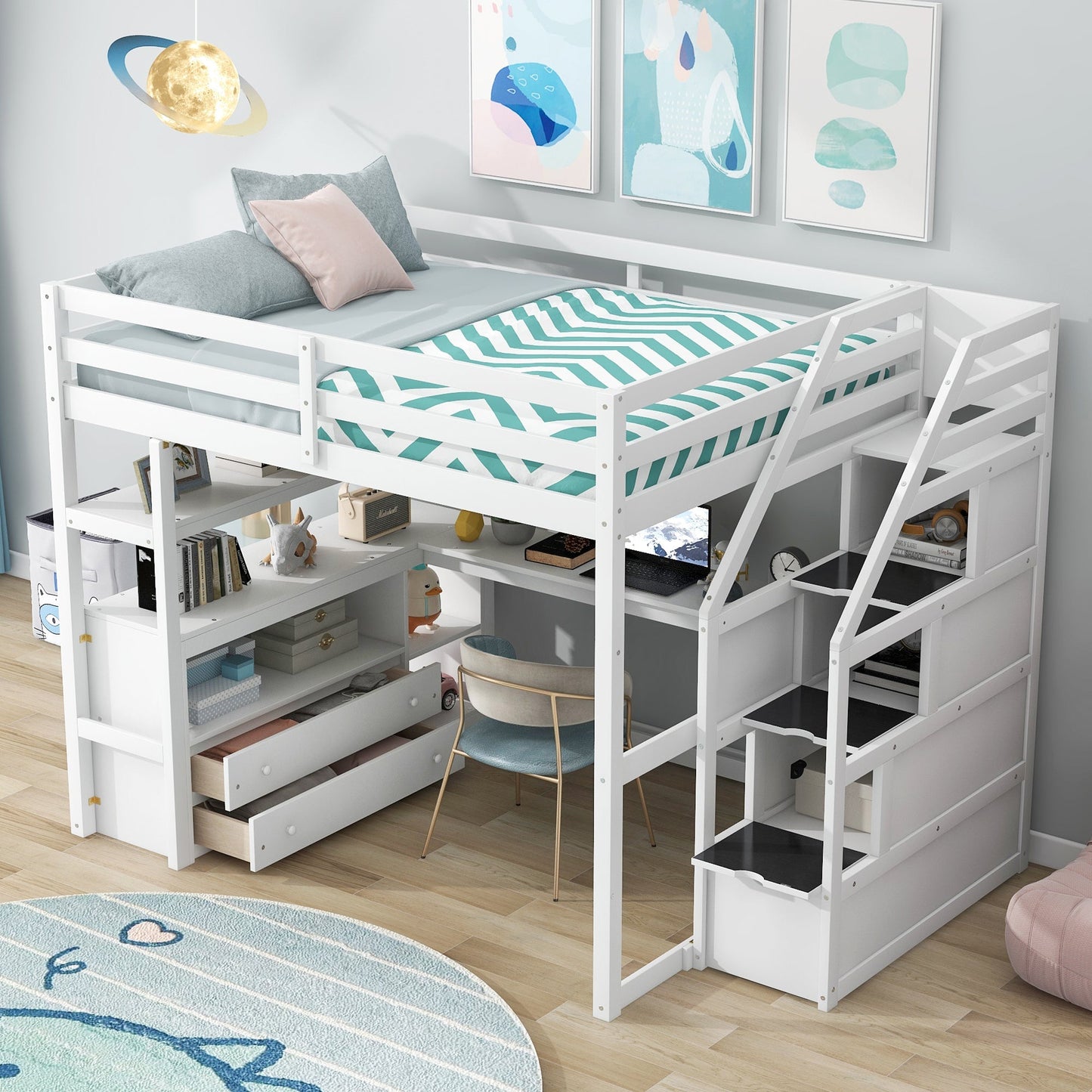 Full Size Loft Bed with Desk and Shelves
