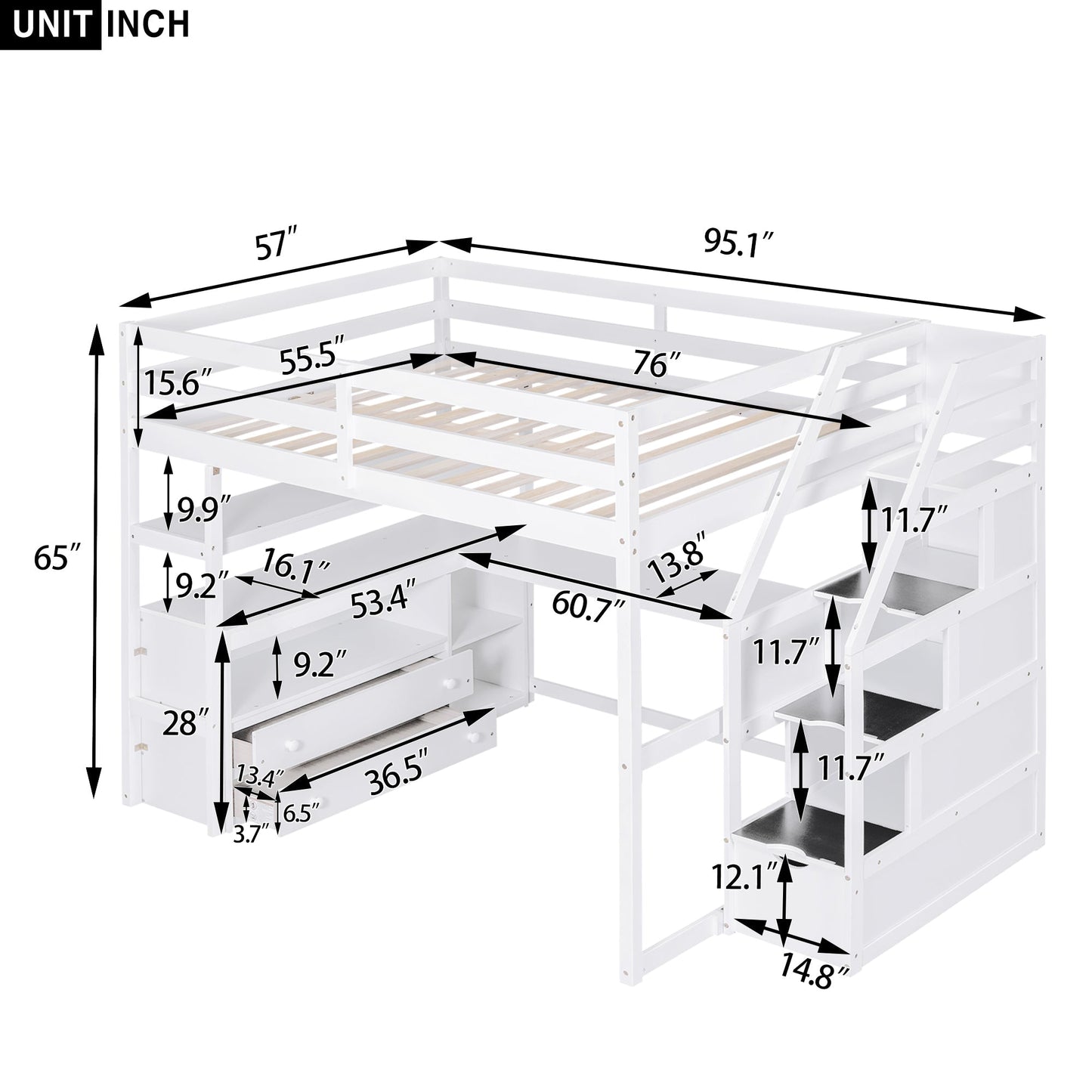 Full Size Loft Bed with Desk and Shelves