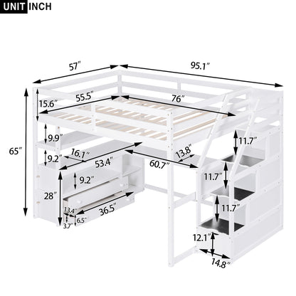 Full Size Loft Bed with Desk and Shelves