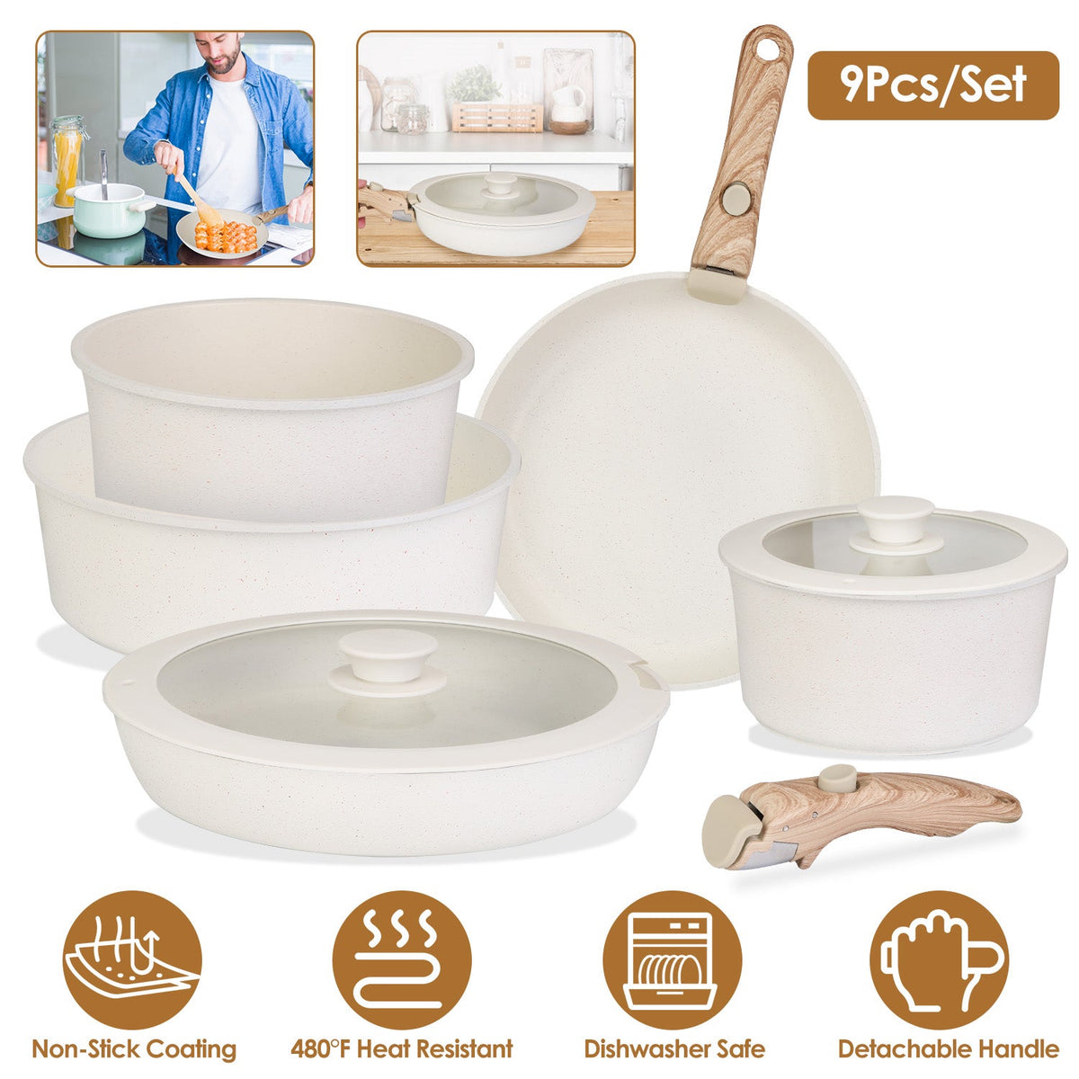 9Pcs Nonstick Cookware Set Kitchen Pots