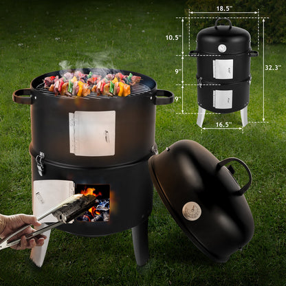 Vertical Steel Charcoal Smoker, Heavy Duty Double Layer Round BBQ Grill for Outdoor