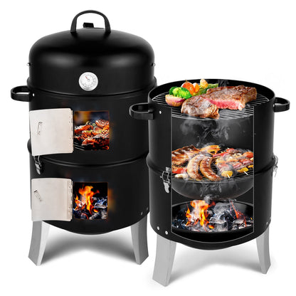 Vertical Steel Charcoal Smoker, Heavy Duty Double Layer Round BBQ Grill for Outdoor