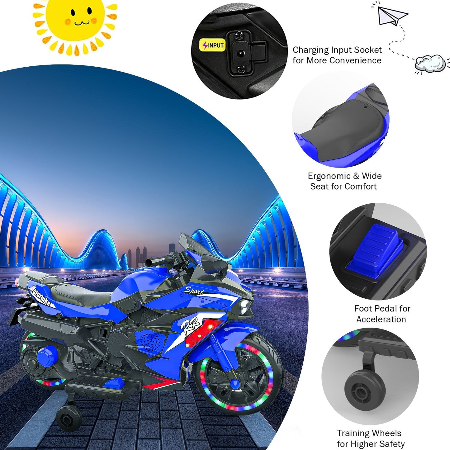 Kids Blue Bluetooth Ride On Motorcycle