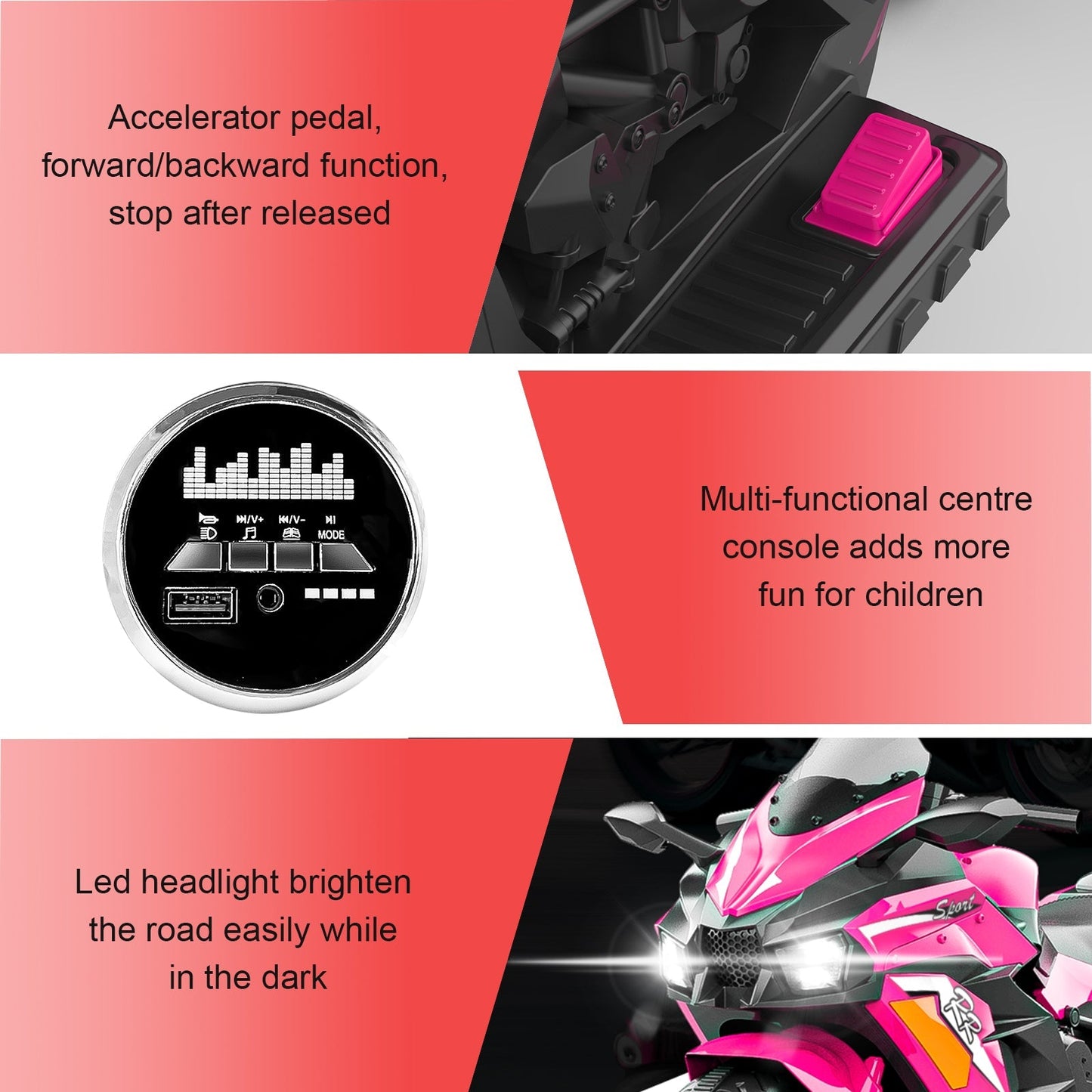 Kids Pink Bluetooth Ride On Motorcycle