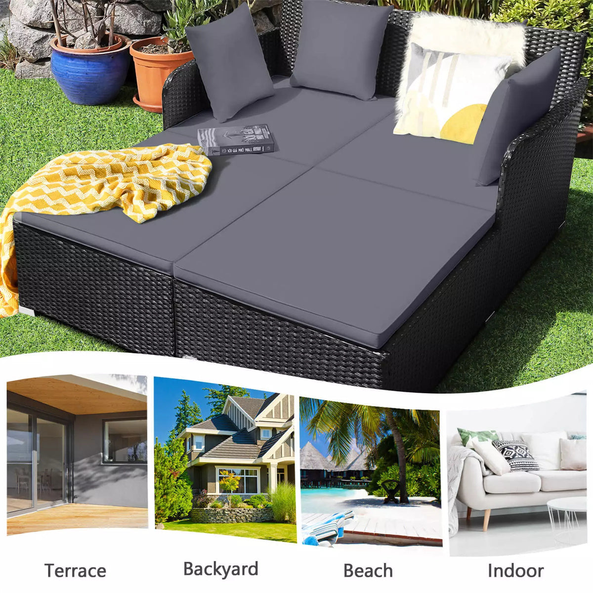Gray Outdoor Rattan Daybed