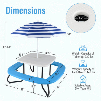 Kids Outdoor Picnic Table With Umbrella -White