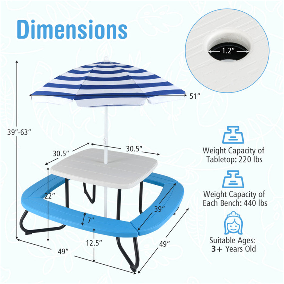 Kids Outdoor Picnic Table With Umbrella -White