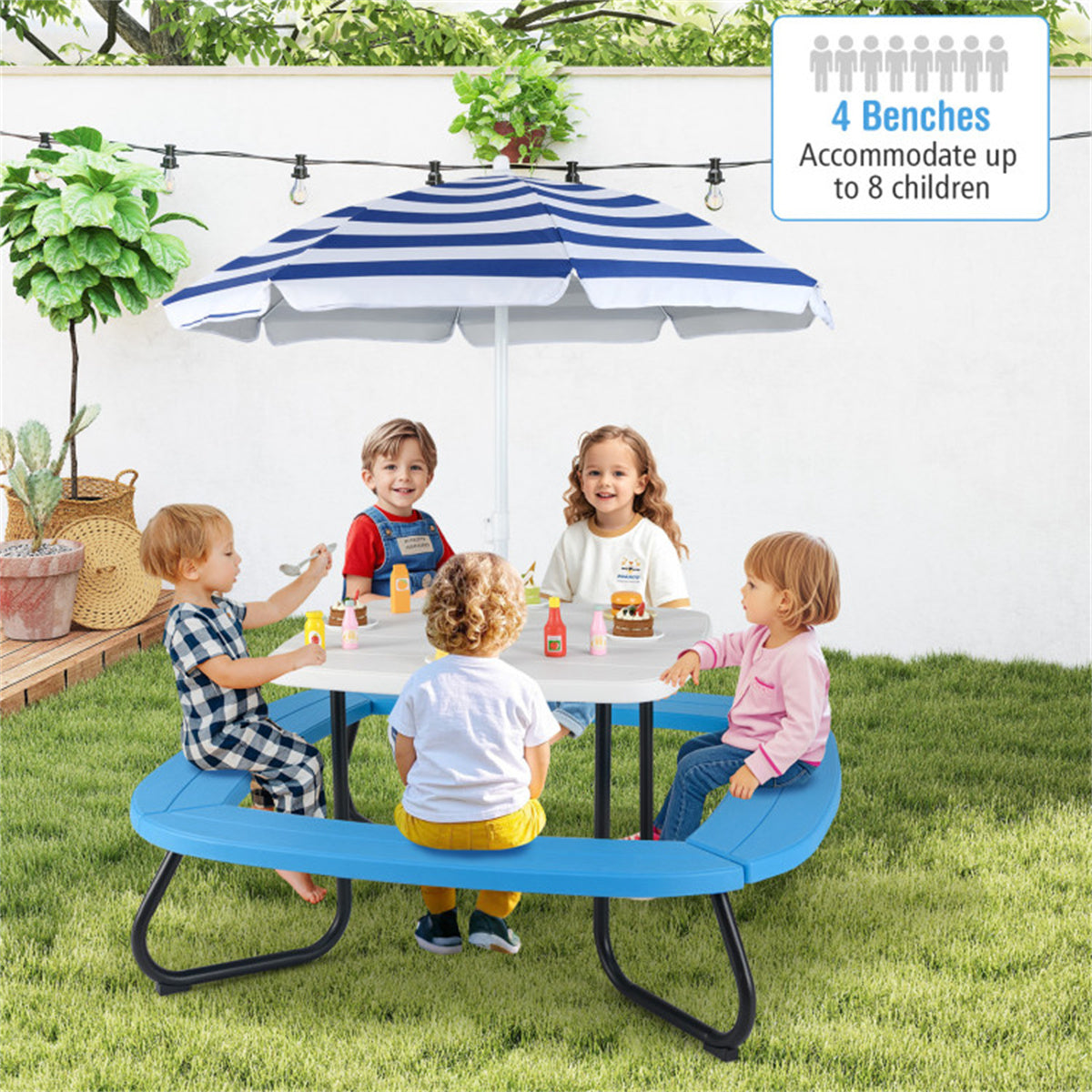 Kids Outdoor Picnic Table With Umbrella -White