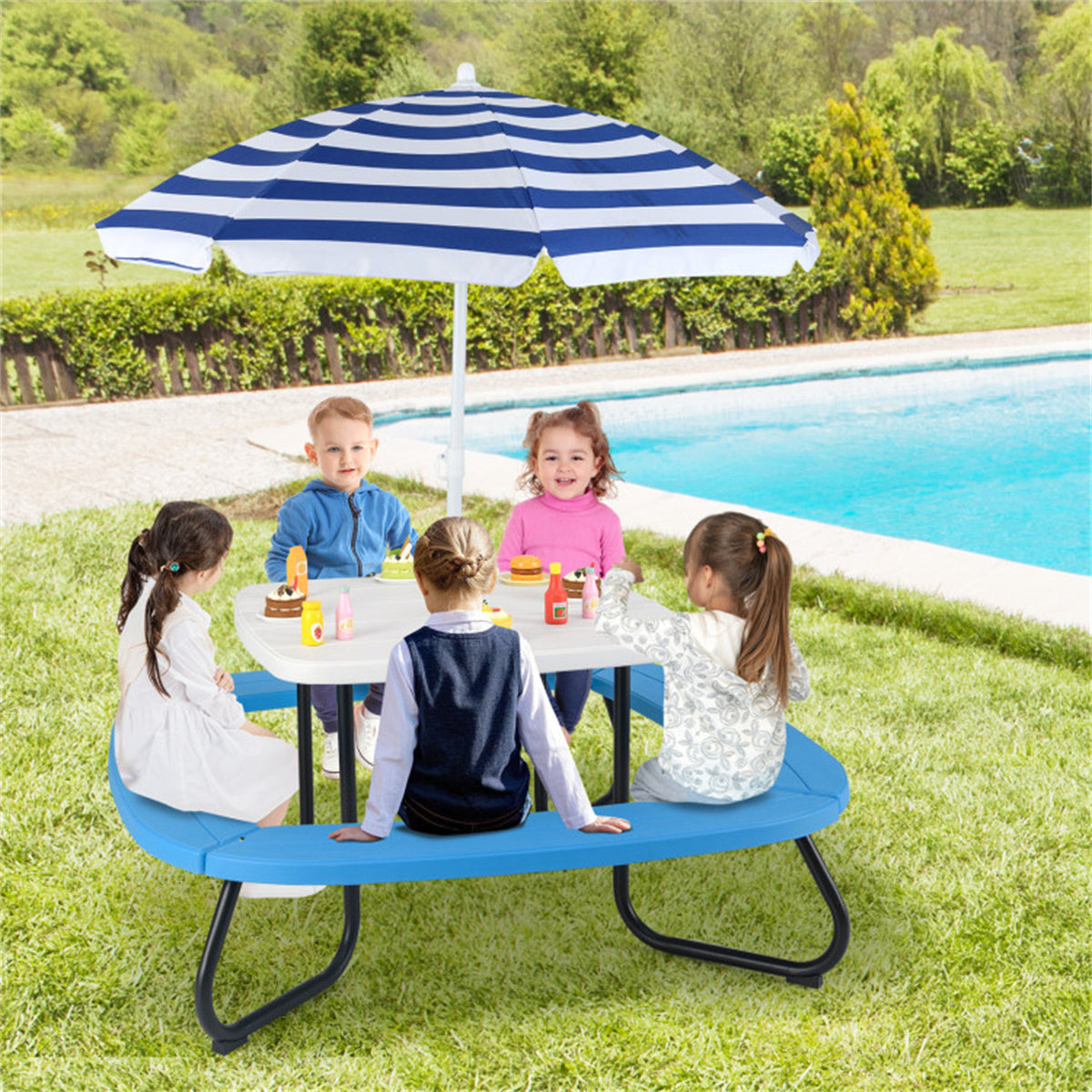 Kids Outdoor Picnic Table With Umbrella -White