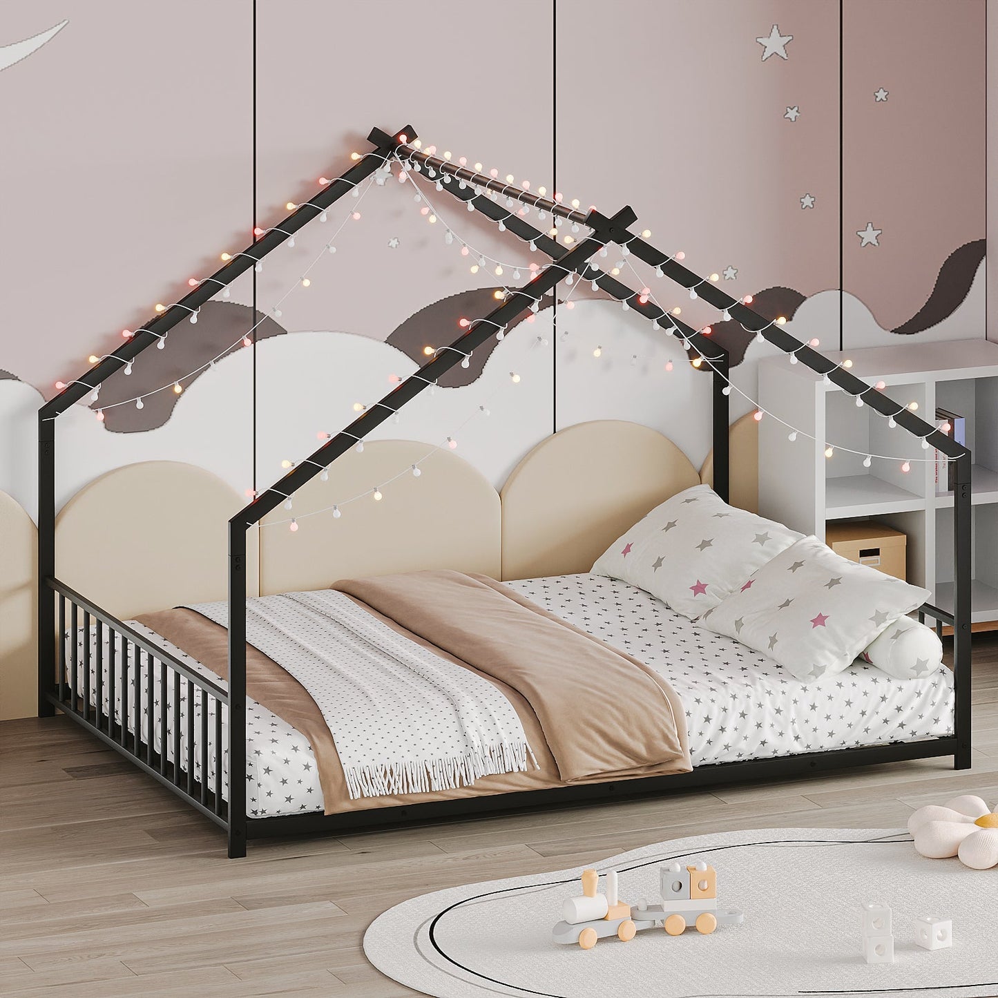 Full size children's bed frame with LED light strips
