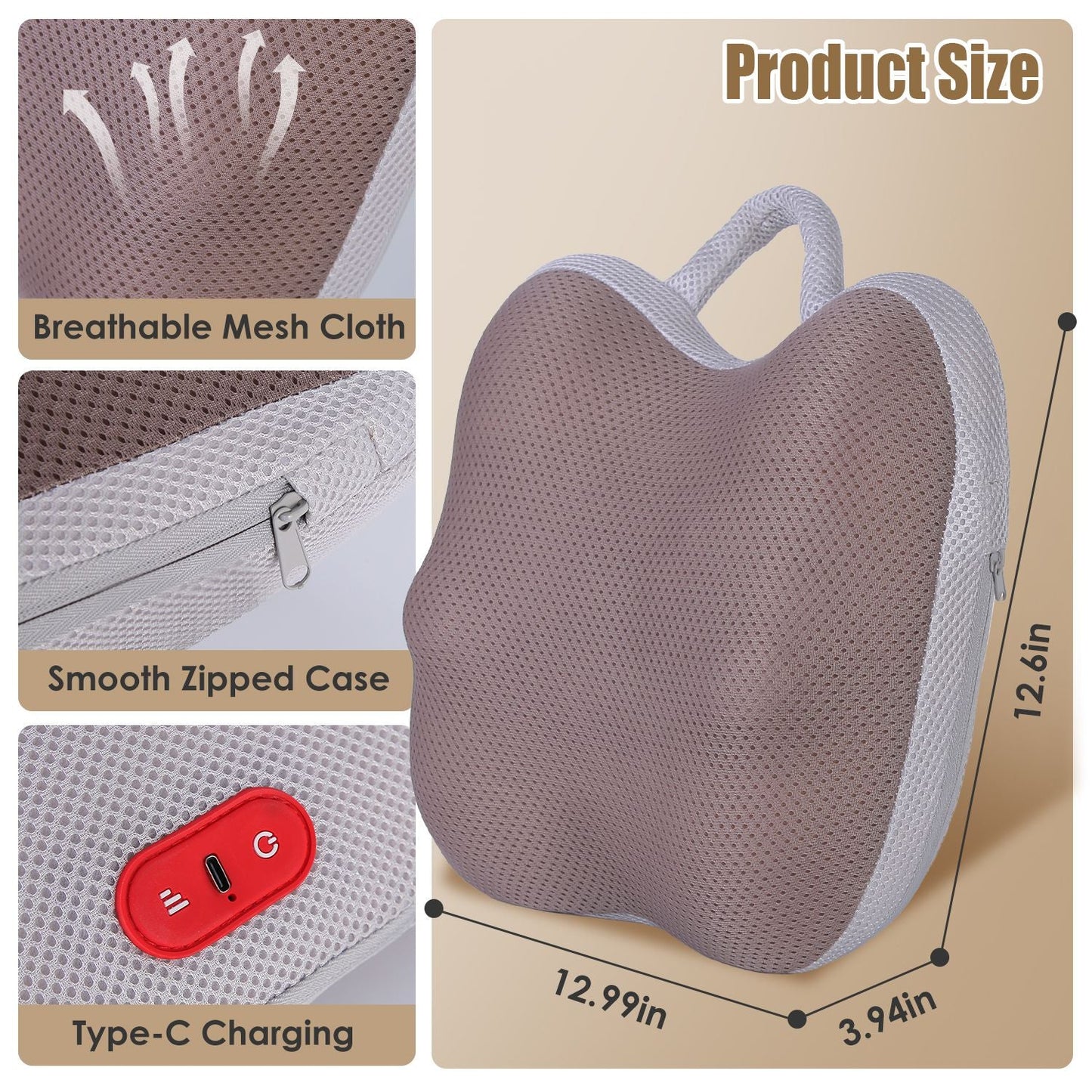 Cordless Lumbar Massager with 4 3D Kneading Nodes & Heating