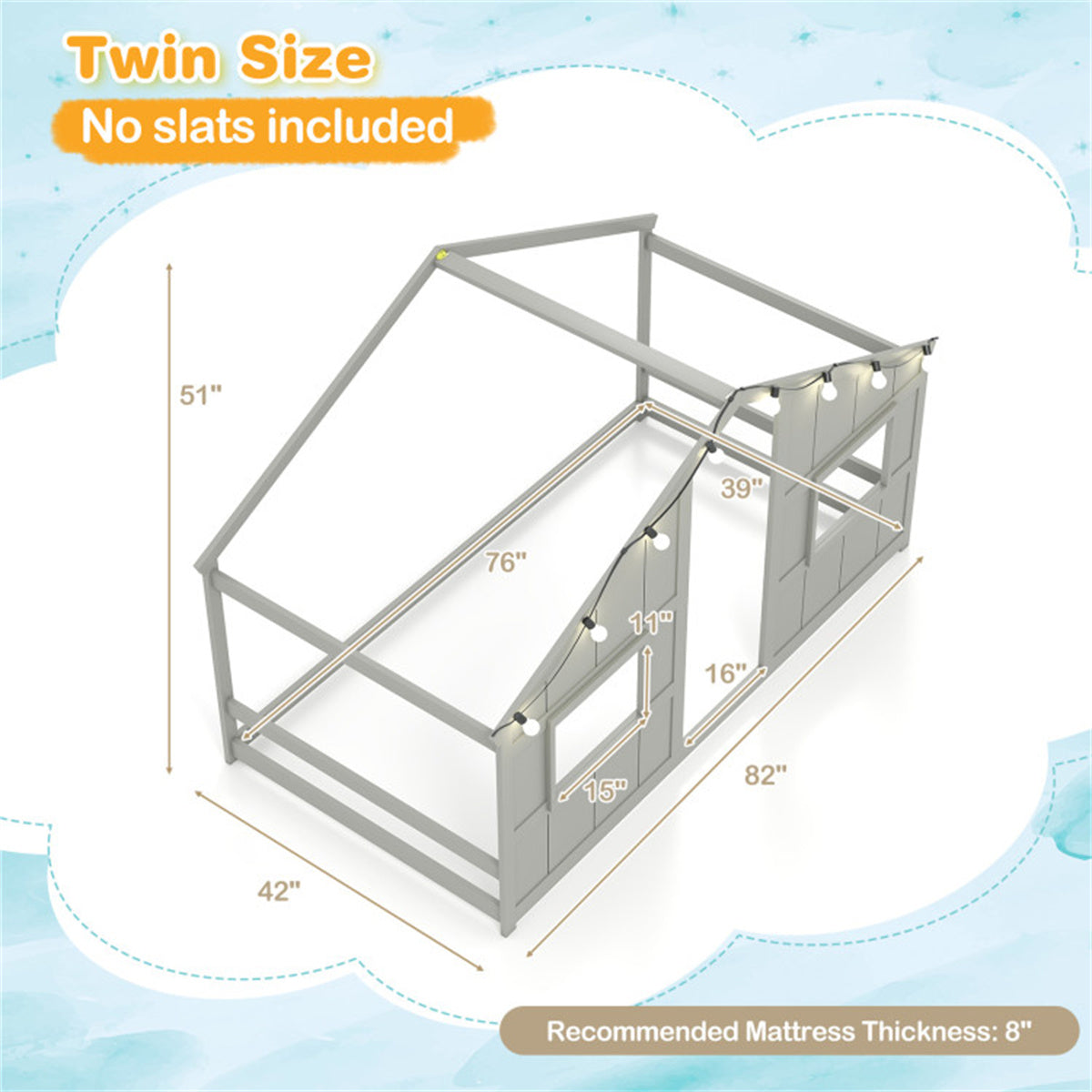 Twin-Size Kids House Gray Floor Bed