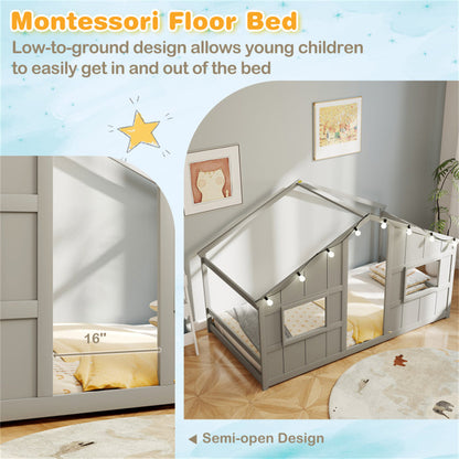 Twin-Size Kids House Gray Floor Bed